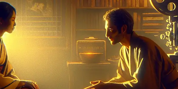 An intimate, dimly lit room with two characters in conversation, blending traditional Japanese and modern Korean attire.