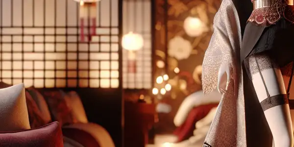 A stylish character in alluring lingerie poses dramatically in an intimate, fashion-forward setting, blending elegance and sensuality.