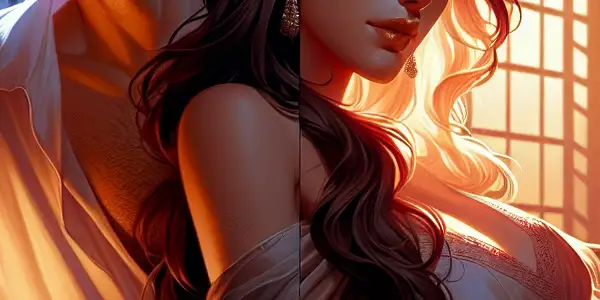 A dimly lit room captures a male and female character transitioning from intense passion to gentle tenderness.