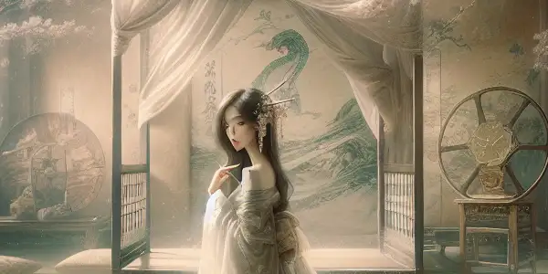 A serene Japanese room with a graceful figure in a flowing kimono, surrounded by cherry blossoms and soft lighting.