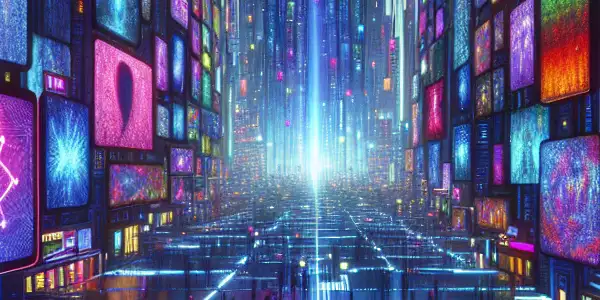 Futuristic neon-lit cityscape with avatars exploring diverse themes of adult content in a vibrant digital landscape.