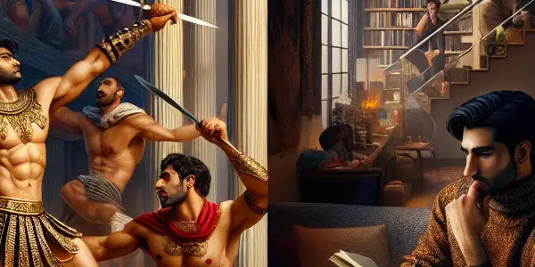 A luxurious room featuring muscular gladiators and a modern writer, blending historical and contemporary erotic themes.