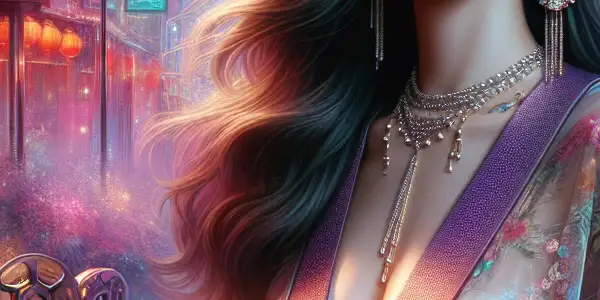 A glamorous Chinese actress in a vibrant, surreal nightlife setting, embodying allure and intrigue.