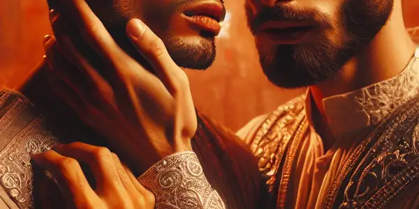 A passionate couple embraces in a warm, intimate setting, conveying deep emotional connection and desire.