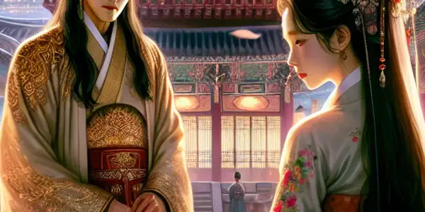 A clandestine meeting between a charismatic man and a beautiful woman in a lavish Joseon Dynasty palace.