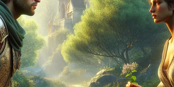 A noble knight and a mysterious lady share an intimate conversation in a vibrant medieval forest.