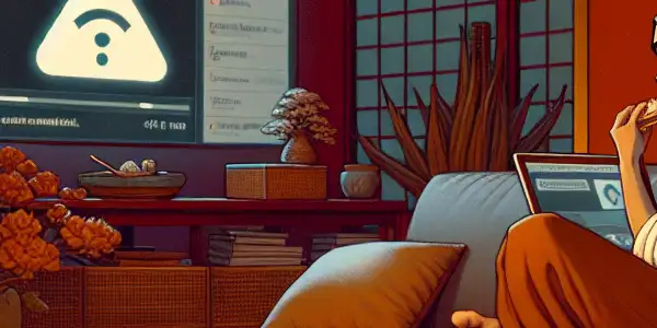 A cozy room with a person watching a Japanese AV film, emphasizing comfort, privacy, and responsible enjoyment.