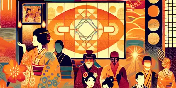 A vibrant, intimate setting blending Eastern and Western motifs, showcasing diverse characters in an alluring, serene atmosphere.