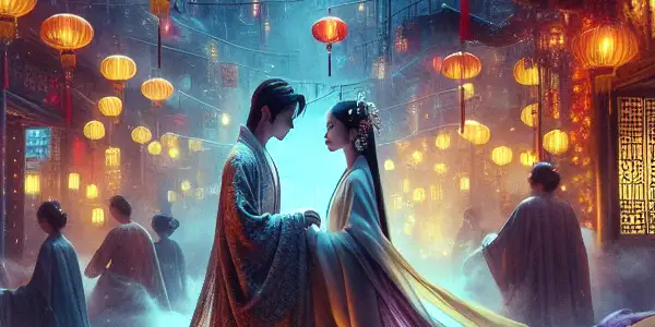 A romantic encounter between elegantly dressed characters in a mystical, historic Hong Kong setting filled with lanterns.