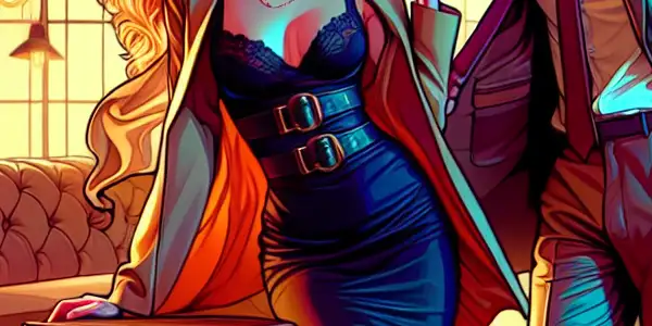 A playful office scene featuring a confident female secretary and a charismatic male boss in a flirtatious interaction.