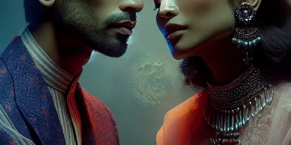 A surreal, intimate moment between two figures in a dreamlike setting, exploring human emotions and connections.