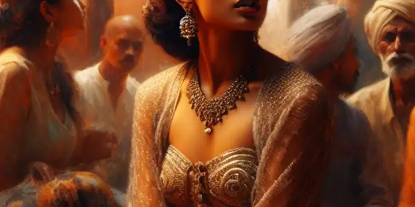 A confident woman in an intimate, softly lit room, embodying passion and desire amidst romantic elements.