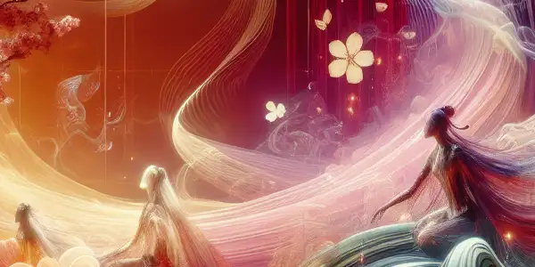 A vibrant digital interface featuring enticing adult film thumbnails, blending romance, fantasy, and traditional Japanese aesthetics.