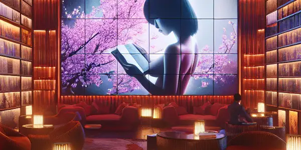 A modern digital library featuring colorful adult literature, a cinematic screen, and a cozy reading nook with cultural elements.