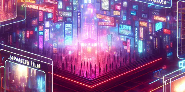 A vibrant digital marketplace for Japanese adult films, illuminated by neon lights and immersive, abstract screens.