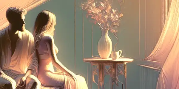 A serene, intimate moment between two characters in a softly lit room, conveying deep emotional connection and longing.