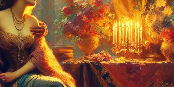 An intimate scene depicting two figures in a lush, romantic setting, embodying the essence of erotic literature.