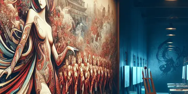 A fusion of Cultural Revolution symbolism and modern eroticism in a dimly lit art studio.