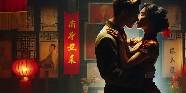 A passionate couple embraces in a dimly lit room adorned with traditional Chinese decor and propaganda posters.