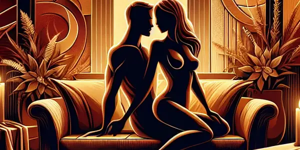 Intimate scene with intertwined figures in a romantic setting, featuring soft lighting and elegant furnishings.