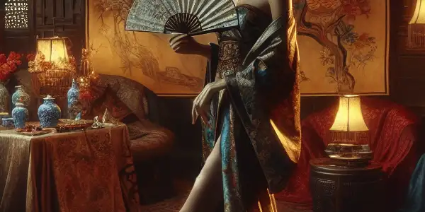 A luxurious, dimly lit room featuring an elegant female figure blending Eastern and Western fashion elements, surrounded by sensual props.
