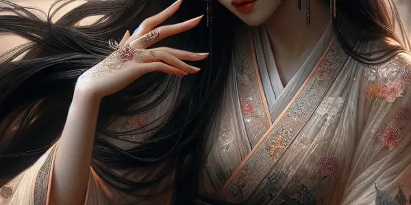 A romantic scene featuring a Japanese actress in a kimono, surrounded by cherry blossoms and a serene garden.