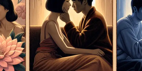 A triptych illustrating the emotional spectrum of Japanese adult films: romance, disillusionment, and analytical reflection.