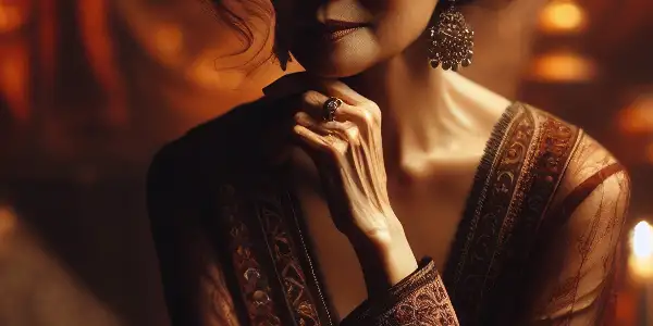 A confident mature woman in a luxurious, dimly lit room exuding charm and allure, surrounded by intimate elements.