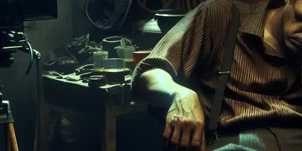 A weary adult film actor sits in a dimly lit, cluttered set, surrounded by shadows and signs of exhaustion.